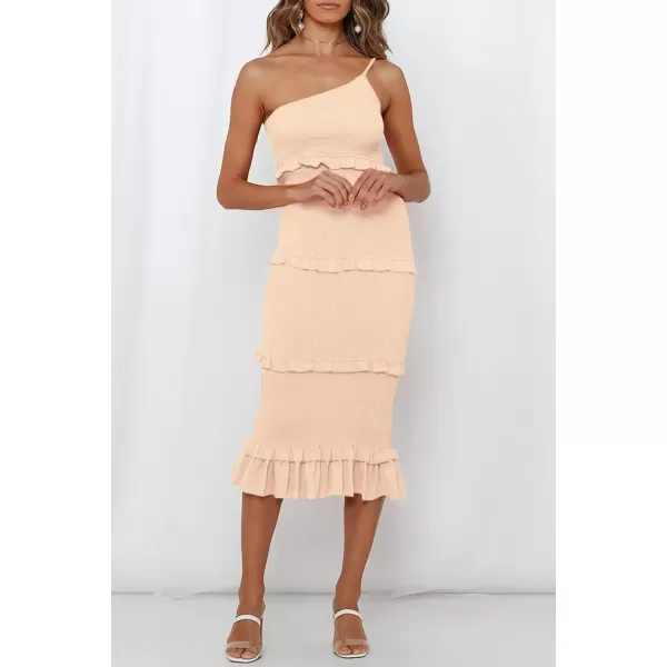 imagePRETTYGARDEN Womens Summer Midi Bodycon Dresses One Shoulder Strappy Tiered Ruffle Floral Boho Sun DressSolid Apricot