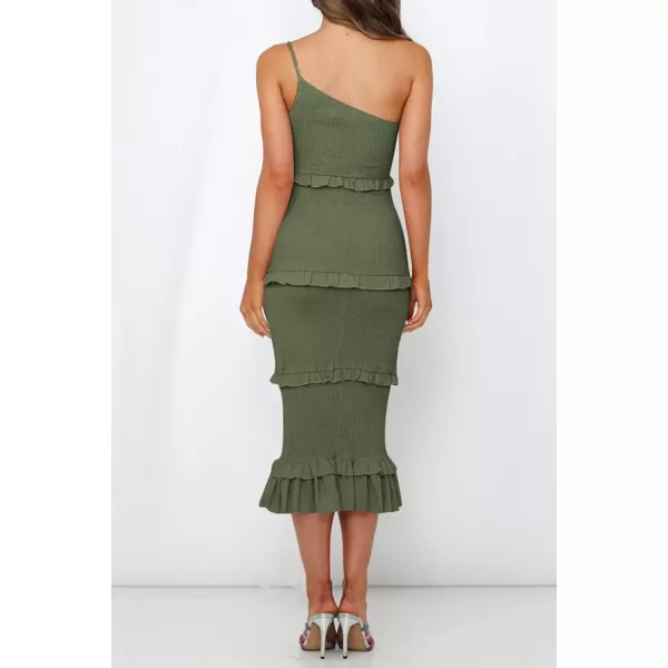 imagePRETTYGARDEN Womens Summer Midi Bodycon Dresses One Shoulder Strappy Tiered Ruffle Floral Boho Sun DressSolid Army Green