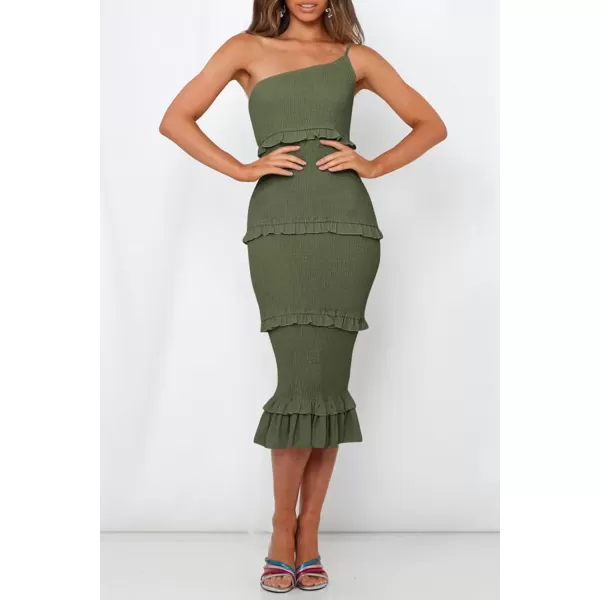 imagePRETTYGARDEN Womens Summer Midi Bodycon Dresses One Shoulder Strappy Tiered Ruffle Floral Boho Sun DressSolid Army Green