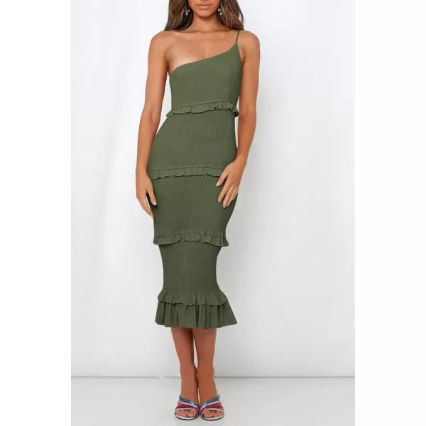 imagePRETTYGARDEN Womens Summer Midi Bodycon Dresses One Shoulder Strappy Tiered Ruffle Floral Boho Sun DressSolid Army Green