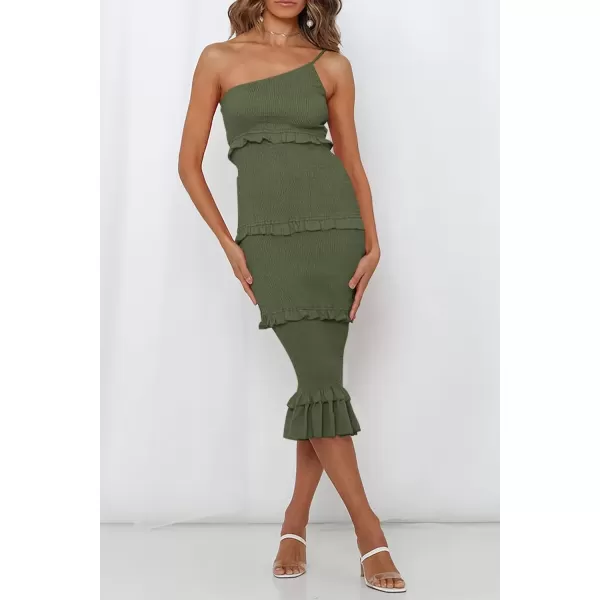 imagePRETTYGARDEN Womens Summer Midi Bodycon Dresses One Shoulder Strappy Tiered Ruffle Floral Boho Sun DressSolid Army Green