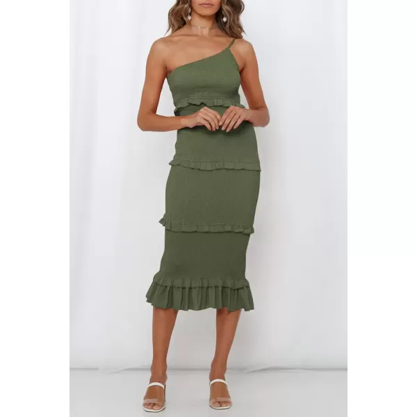 imagePRETTYGARDEN Womens Summer Midi Bodycon Dresses One Shoulder Strappy Tiered Ruffle Floral Boho Sun DressSolid Army Green