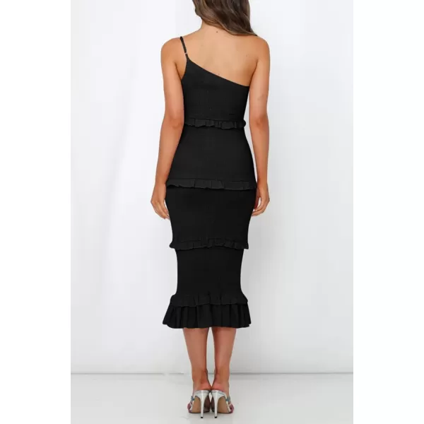 imagePRETTYGARDEN Womens Summer Midi Bodycon Dresses One Shoulder Strappy Tiered Ruffle Floral Boho Sun DressSolid Black