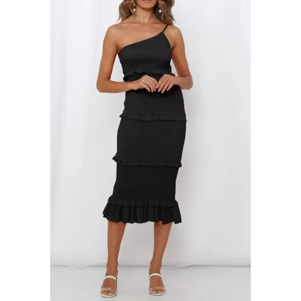 imagePRETTYGARDEN Womens Summer Midi Bodycon Dresses One Shoulder Strappy Tiered Ruffle Floral Boho Sun DressSolid Black