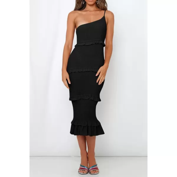 imagePRETTYGARDEN Womens Summer Midi Bodycon Dresses One Shoulder Strappy Tiered Ruffle Floral Boho Sun DressSolid Black