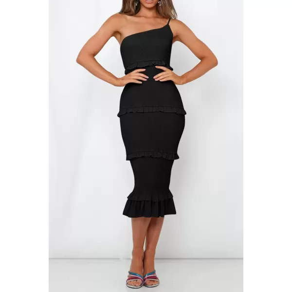 imagePRETTYGARDEN Womens Summer Midi Bodycon Dresses One Shoulder Strappy Tiered Ruffle Floral Boho Sun DressSolid Black