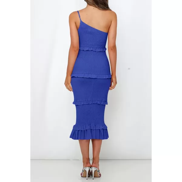 imagePRETTYGARDEN Womens Summer Midi Bodycon Dresses One Shoulder Strappy Tiered Ruffle Floral Boho Sun DressSolid Blue