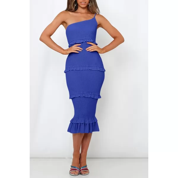 imagePRETTYGARDEN Womens Summer Midi Bodycon Dresses One Shoulder Strappy Tiered Ruffle Floral Boho Sun DressSolid Blue