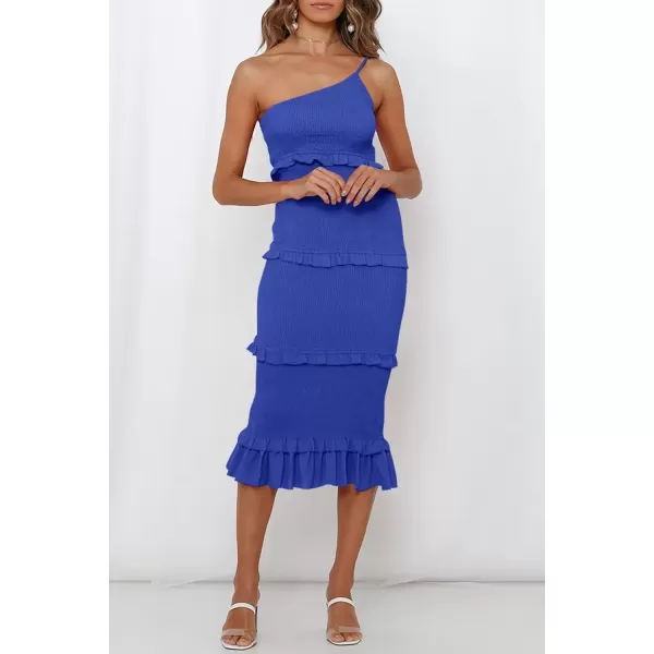 imagePRETTYGARDEN Womens Summer Midi Bodycon Dresses One Shoulder Strappy Tiered Ruffle Floral Boho Sun DressSolid Blue