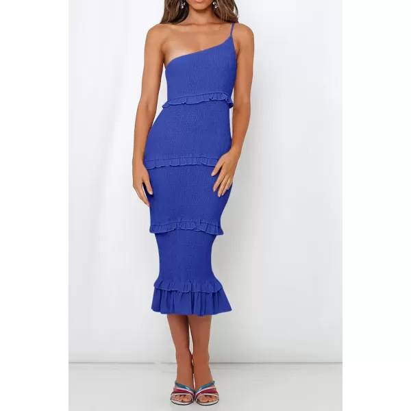 imagePRETTYGARDEN Womens Summer Midi Bodycon Dresses One Shoulder Strappy Tiered Ruffle Floral Boho Sun DressSolid Blue