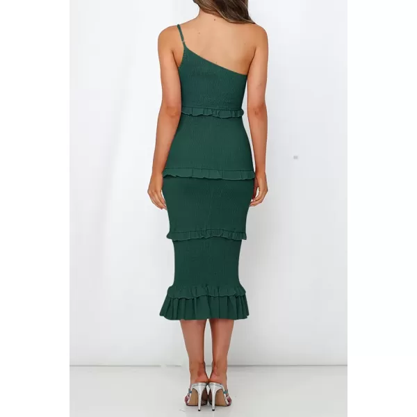 imagePRETTYGARDEN Womens Summer Midi Bodycon Dresses One Shoulder Strappy Tiered Ruffle Floral Boho Sun DressSolid Dark Green