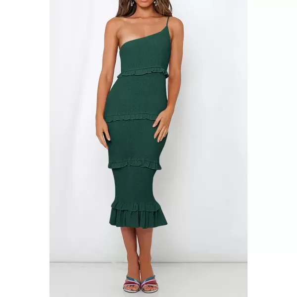imagePRETTYGARDEN Womens Summer Midi Bodycon Dresses One Shoulder Strappy Tiered Ruffle Floral Boho Sun DressSolid Dark Green