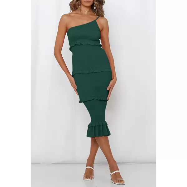 imagePRETTYGARDEN Womens Summer Midi Bodycon Dresses One Shoulder Strappy Tiered Ruffle Floral Boho Sun DressSolid Dark Green