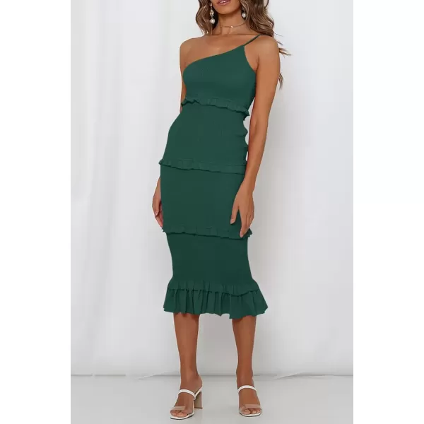 imagePRETTYGARDEN Womens Summer Midi Bodycon Dresses One Shoulder Strappy Tiered Ruffle Floral Boho Sun DressSolid Dark Green