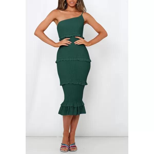 imagePRETTYGARDEN Womens Summer Midi Bodycon Dresses One Shoulder Strappy Tiered Ruffle Floral Boho Sun DressSolid Dark Green