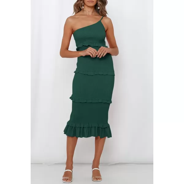 imagePRETTYGARDEN Womens Summer Midi Bodycon Dresses One Shoulder Strappy Tiered Ruffle Floral Boho Sun DressSolid Dark Green