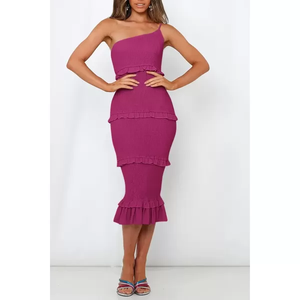 imagePRETTYGARDEN Womens Summer Midi Bodycon Dresses One Shoulder Strappy Tiered Ruffle Floral Boho Sun DressSolid Dark Rose Red