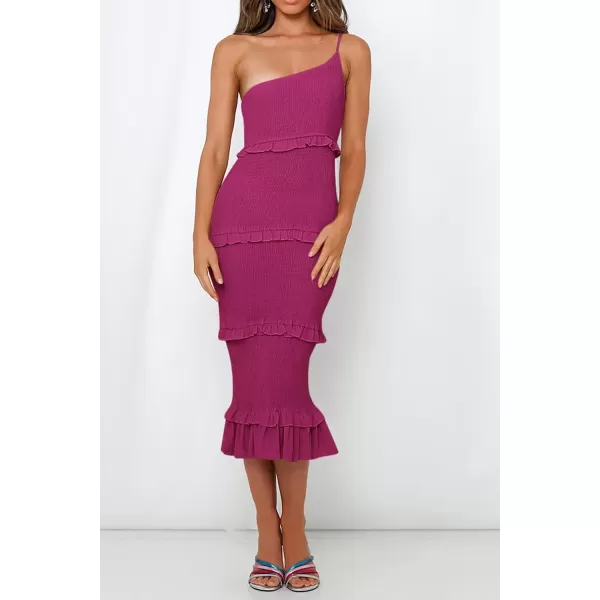 imagePRETTYGARDEN Womens Summer Midi Bodycon Dresses One Shoulder Strappy Tiered Ruffle Floral Boho Sun DressSolid Dark Rose Red