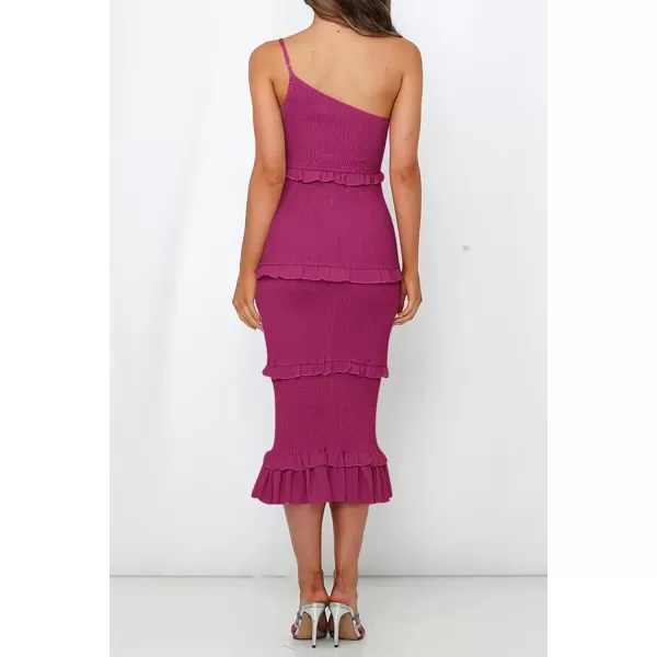 imagePRETTYGARDEN Womens Summer Midi Bodycon Dresses One Shoulder Strappy Tiered Ruffle Floral Boho Sun DressSolid Dark Rose Red