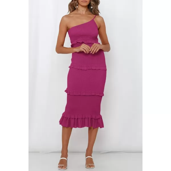 imagePRETTYGARDEN Womens Summer Midi Bodycon Dresses One Shoulder Strappy Tiered Ruffle Floral Boho Sun DressSolid Dark Rose Red