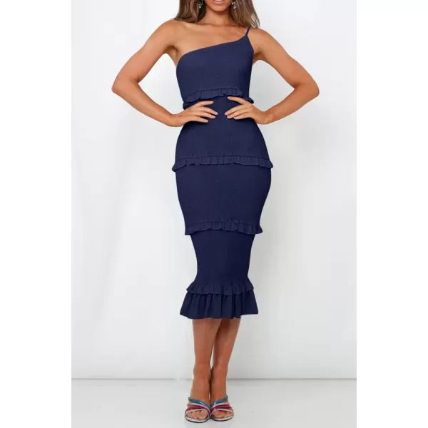 imagePRETTYGARDEN Womens Summer Midi Bodycon Dresses One Shoulder Strappy Tiered Ruffle Floral Boho Sun DressSolid Navy
