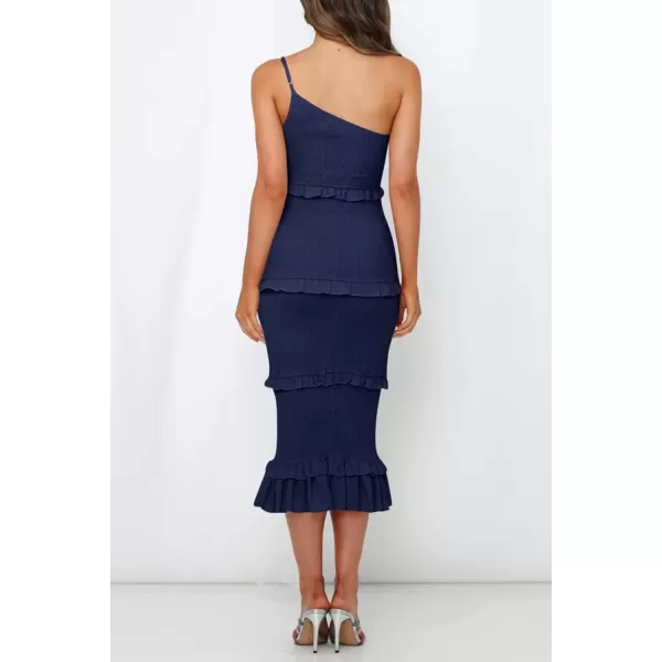 imagePRETTYGARDEN Womens Summer Midi Bodycon Dresses One Shoulder Strappy Tiered Ruffle Floral Boho Sun DressSolid Navy