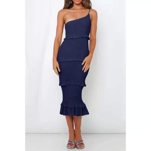 imagePRETTYGARDEN Womens Summer Midi Bodycon Dresses One Shoulder Strappy Tiered Ruffle Floral Boho Sun DressSolid Navy