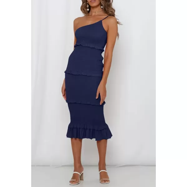 imagePRETTYGARDEN Womens Summer Midi Bodycon Dresses One Shoulder Strappy Tiered Ruffle Floral Boho Sun DressSolid Navy