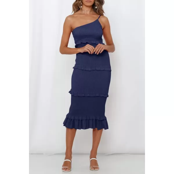 imagePRETTYGARDEN Womens Summer Midi Bodycon Dresses One Shoulder Strappy Tiered Ruffle Floral Boho Sun DressSolid Navy