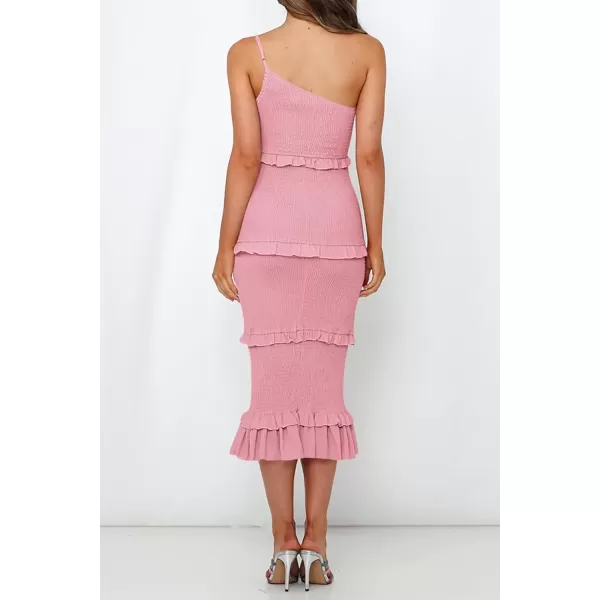 imagePRETTYGARDEN Womens Summer Midi Bodycon Dresses One Shoulder Strappy Tiered Ruffle Floral Boho Sun DressSolid Pink