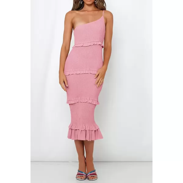 imagePRETTYGARDEN Womens Summer Midi Bodycon Dresses One Shoulder Strappy Tiered Ruffle Floral Boho Sun DressSolid Pink