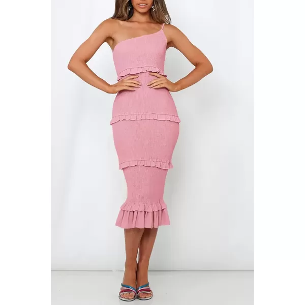 imagePRETTYGARDEN Womens Summer Midi Bodycon Dresses One Shoulder Strappy Tiered Ruffle Floral Boho Sun DressSolid Pink