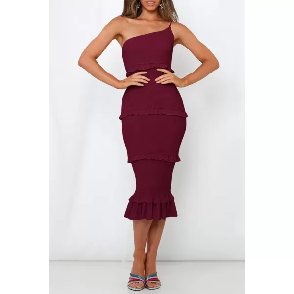 imagePRETTYGARDEN Womens Summer Midi Bodycon Dresses One Shoulder Strappy Tiered Ruffle Floral Boho Sun DressSolid Wine Red