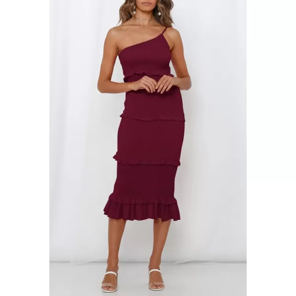 imagePRETTYGARDEN Womens Summer Midi Bodycon Dresses One Shoulder Strappy Tiered Ruffle Floral Boho Sun DressSolid Wine Red