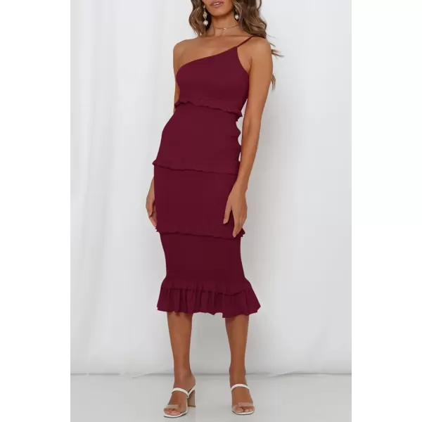 imagePRETTYGARDEN Womens Summer Midi Bodycon Dresses One Shoulder Strappy Tiered Ruffle Floral Boho Sun DressSolid Wine Red
