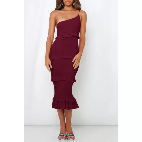 imagePRETTYGARDEN Womens Summer Midi Bodycon Dresses One Shoulder Strappy Tiered Ruffle Floral Boho Sun DressSolid Wine Red