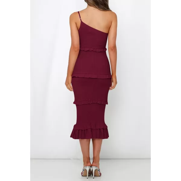 imagePRETTYGARDEN Womens Summer Midi Bodycon Dresses One Shoulder Strappy Tiered Ruffle Floral Boho Sun DressSolid Wine Red