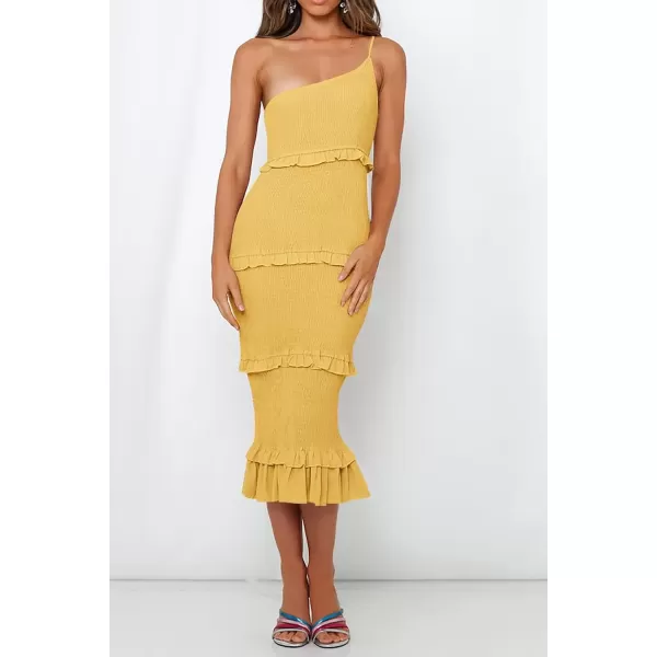 imagePRETTYGARDEN Womens Summer Midi Bodycon Dresses One Shoulder Strappy Tiered Ruffle Floral Boho Sun DressSolid Yellow