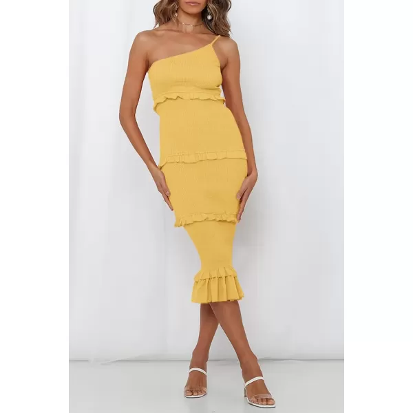 imagePRETTYGARDEN Womens Summer Midi Bodycon Dresses One Shoulder Strappy Tiered Ruffle Floral Boho Sun DressSolid Yellow