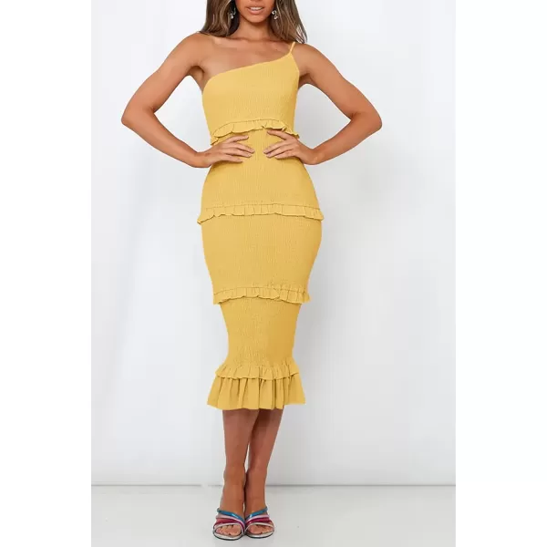 imagePRETTYGARDEN Womens Summer Midi Bodycon Dresses One Shoulder Strappy Tiered Ruffle Floral Boho Sun DressSolid Yellow