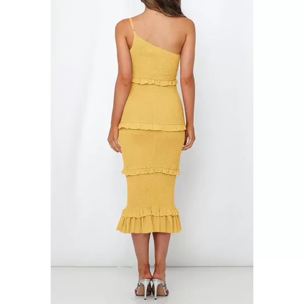 imagePRETTYGARDEN Womens Summer Midi Bodycon Dresses One Shoulder Strappy Tiered Ruffle Floral Boho Sun DressSolid Yellow