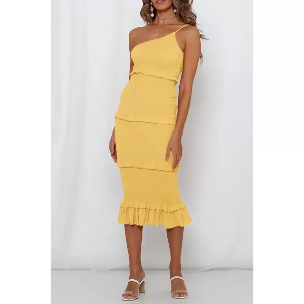 imagePRETTYGARDEN Womens Summer Midi Bodycon Dresses One Shoulder Strappy Tiered Ruffle Floral Boho Sun DressSolid Yellow