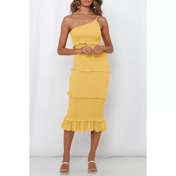 imagePRETTYGARDEN Womens Summer Midi Bodycon Dresses One Shoulder Strappy Tiered Ruffle Floral Boho Sun DressSolid Yellow
