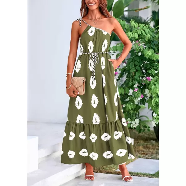 imagePRETTYGARDEN Womens Summer One Shoulder Spaghetti Strap Dresses Printed Flowy Boho Beach Maxi Long SundressArmy Green White Floral