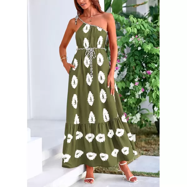 imagePRETTYGARDEN Womens Summer One Shoulder Spaghetti Strap Dresses Printed Flowy Boho Beach Maxi Long SundressArmy Green White Floral
