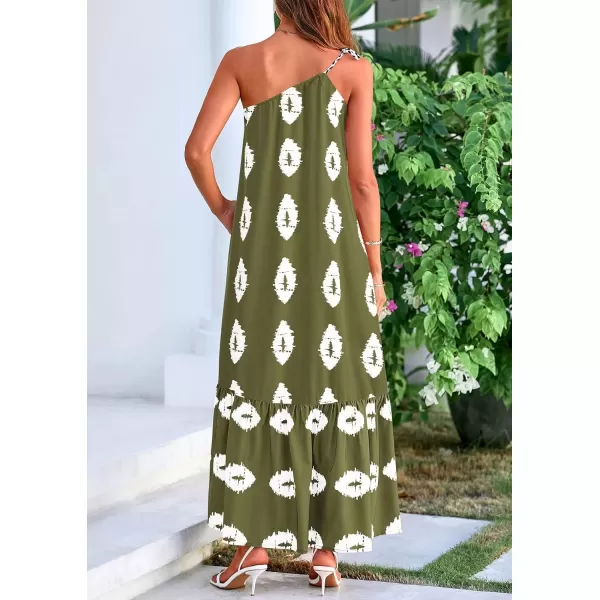 imagePRETTYGARDEN Womens Summer One Shoulder Spaghetti Strap Dresses Printed Flowy Boho Beach Maxi Long SundressArmy Green White Floral