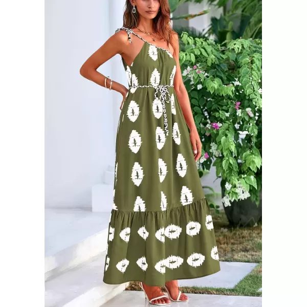 imagePRETTYGARDEN Womens Summer One Shoulder Spaghetti Strap Dresses Printed Flowy Boho Beach Maxi Long SundressArmy Green White Floral