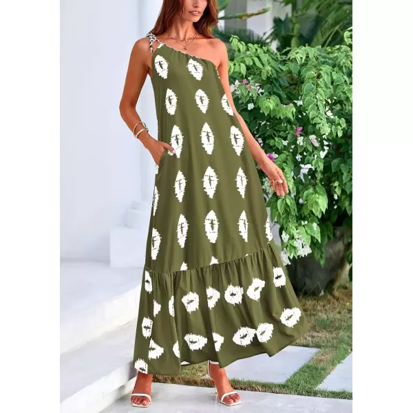imagePRETTYGARDEN Womens Summer One Shoulder Spaghetti Strap Dresses Printed Flowy Boho Beach Maxi Long SundressArmy Green White Floral