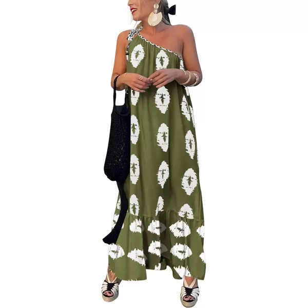 imagePRETTYGARDEN Womens Summer One Shoulder Spaghetti Strap Dresses Printed Flowy Boho Beach Maxi Long SundressArmy Green White Floral