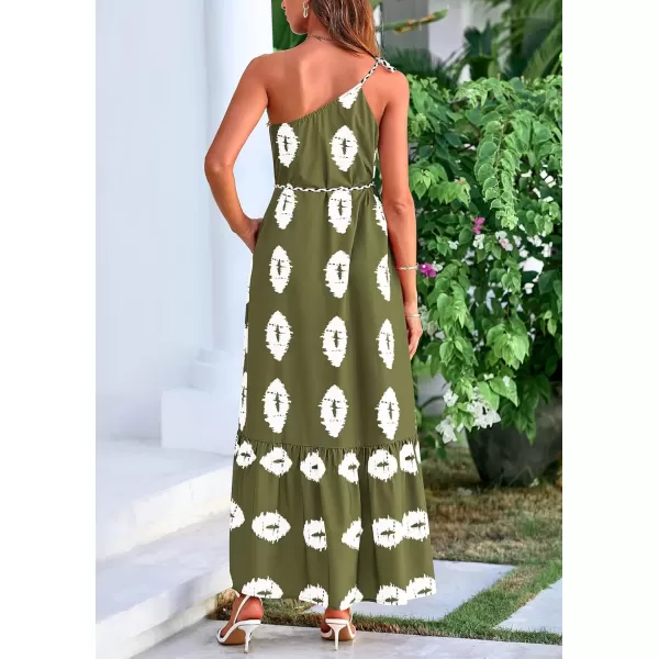 imagePRETTYGARDEN Womens Summer One Shoulder Spaghetti Strap Dresses Printed Flowy Boho Beach Maxi Long SundressArmy Green White Floral